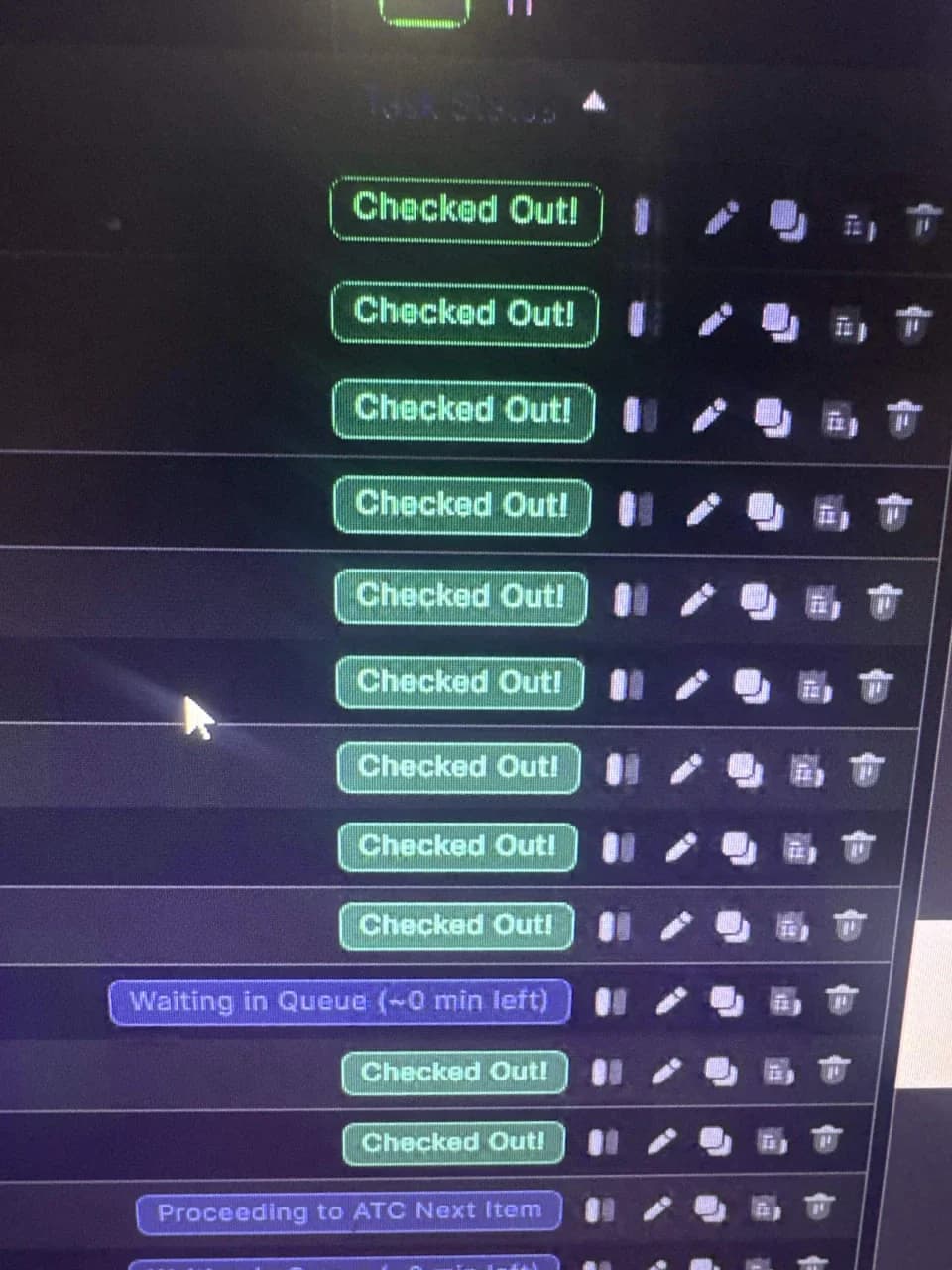 Bot task list showing a column of Checked Out statuses during a drop