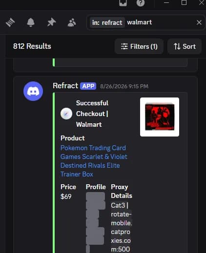 Refract successful checkout message for a Walmart Elite Trainer Box on CatProxies Mobile