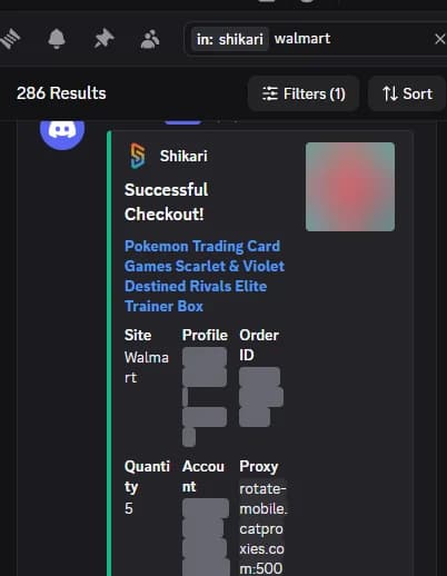 Shikari successful checkout message for a Walmart Elite Trainer Box, quantity 5, on CatProxies Mobile